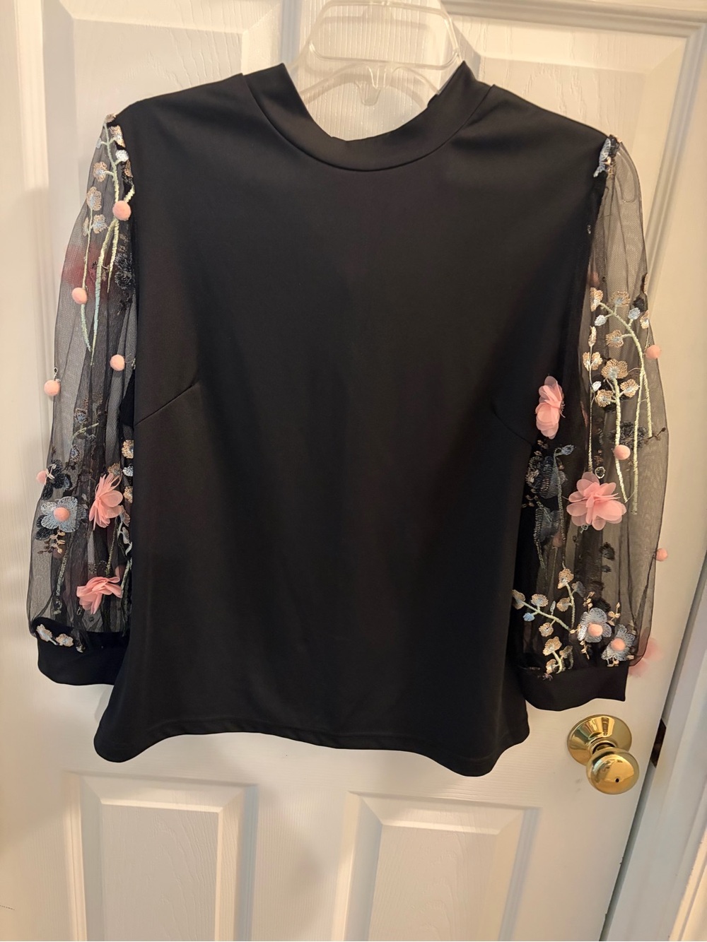 ROMWE Black Top with Sheer Embroidered Puff Sleeves and Pink 3D Flowers